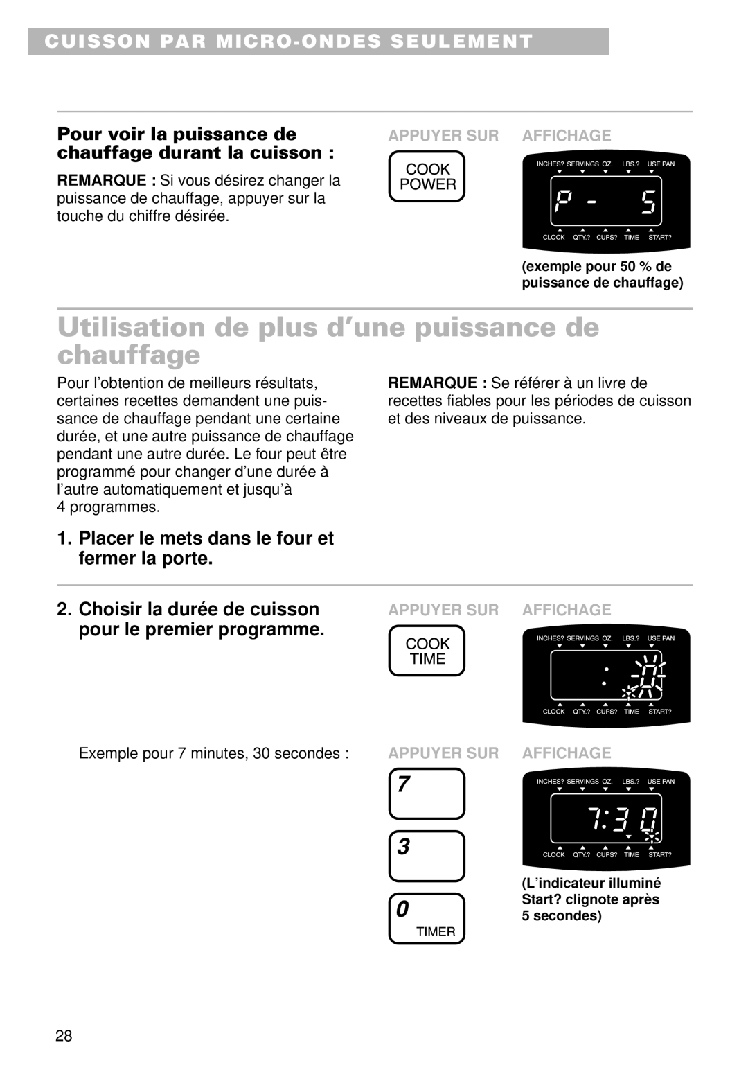 Whirlpool YMT9102SF, YMT9092SF installation instructions Utilisation de plus d’une puissance de chauffage 