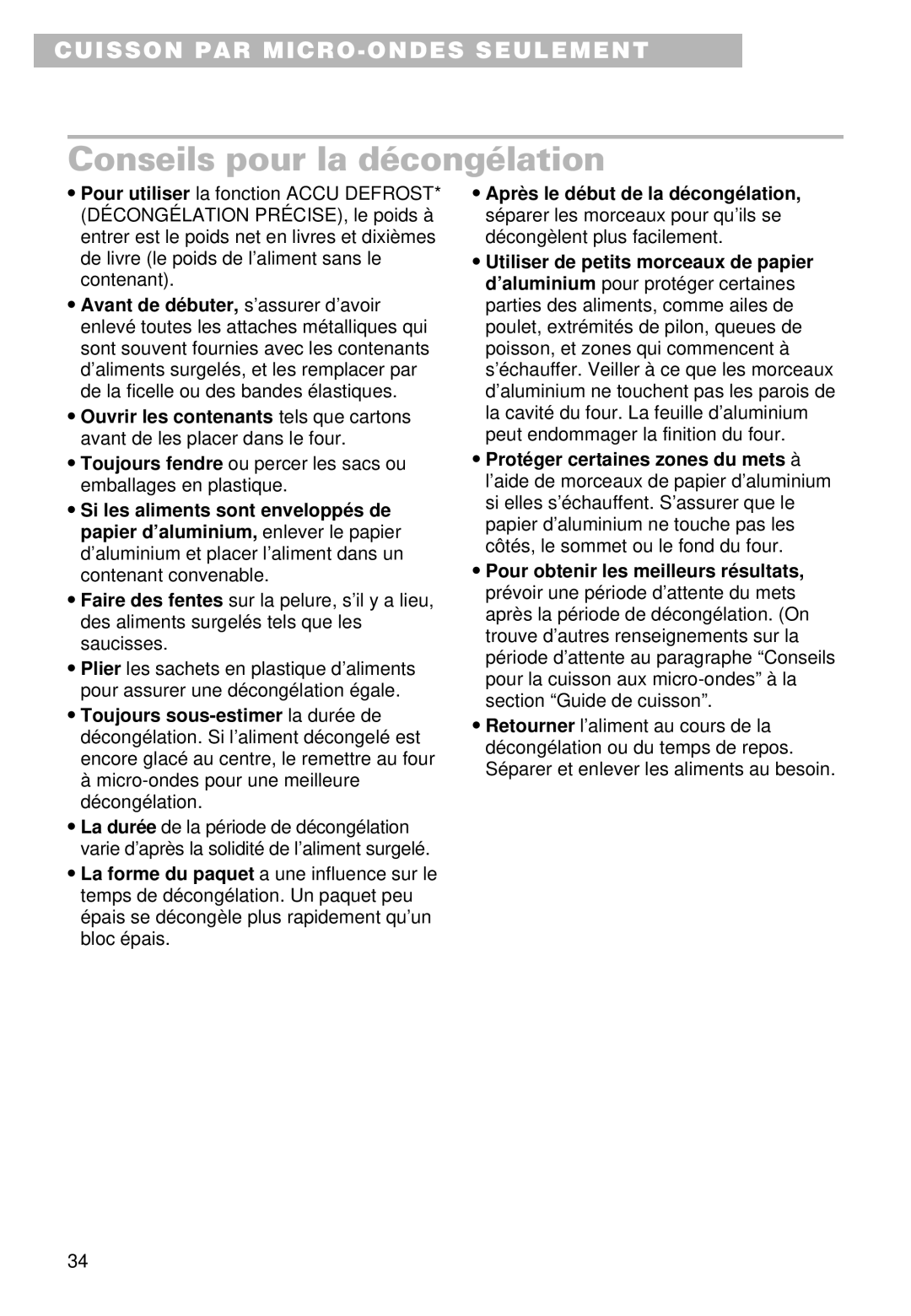 Whirlpool YMT9102SF, YMT9092SF installation instructions Conseils pour la décongélation 