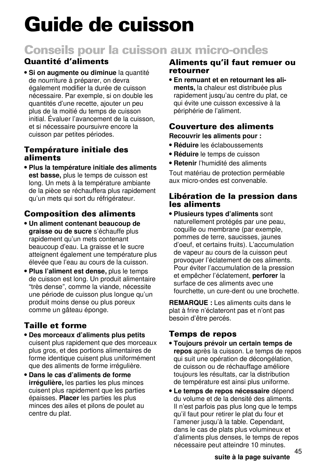 Whirlpool YMT9102SF, YMT9092SF installation instructions Guide de cuisson, Conseils pour la cuisson aux micro-ondes 