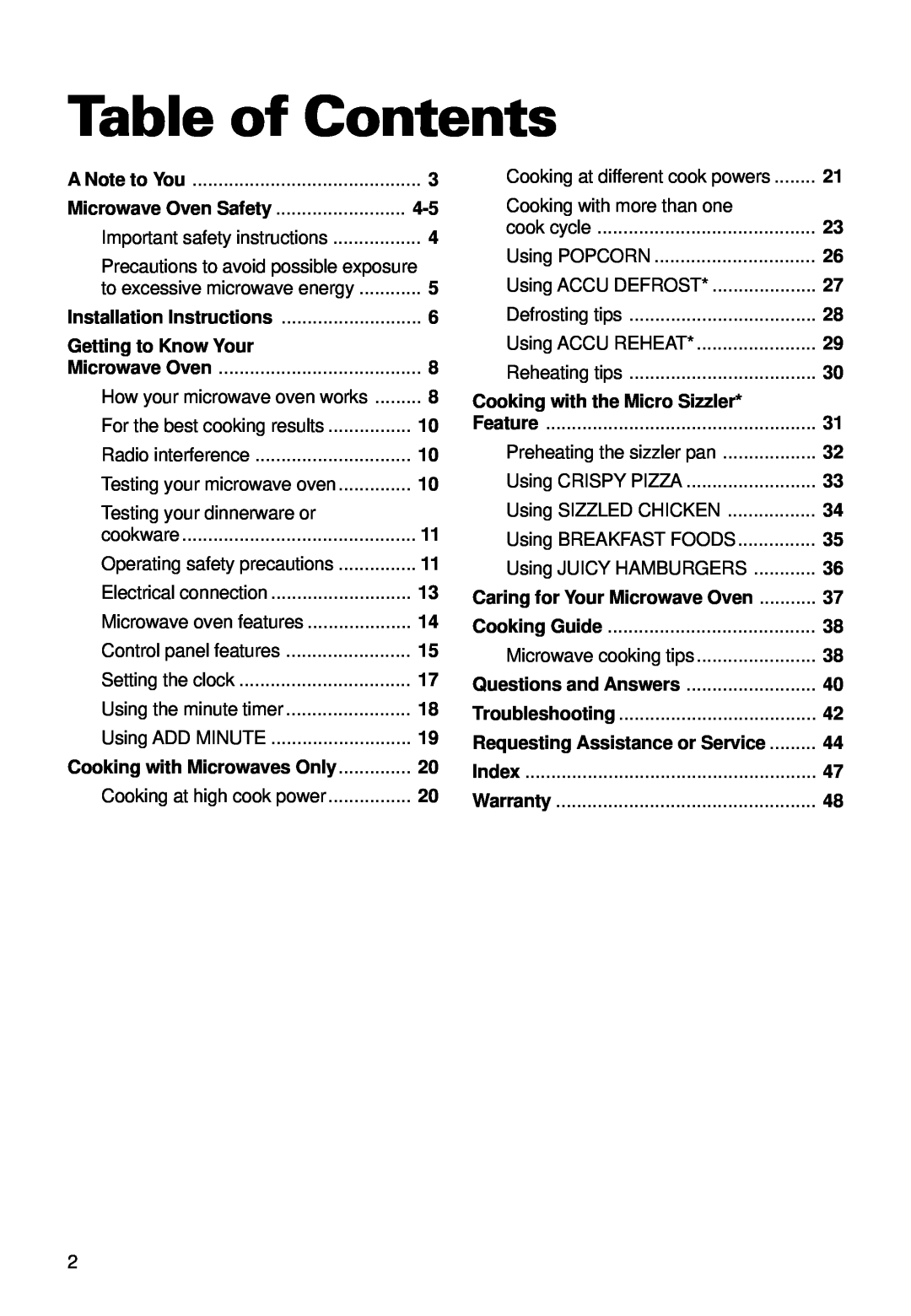 Whirlpool YMT9092SF, YMT9102SF installation instructions Table of Contents 