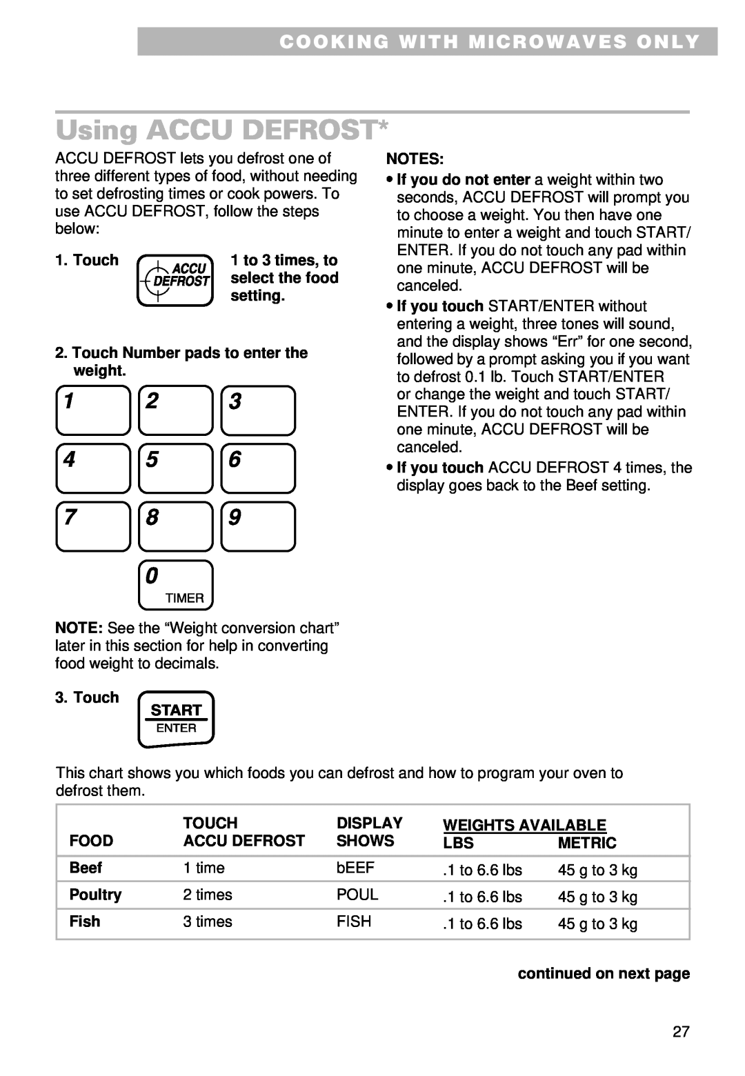 Whirlpool YMT9102SF, YMT9092SF installation instructions Using ACCU DEFROST, Cooking With Microwaves Only 