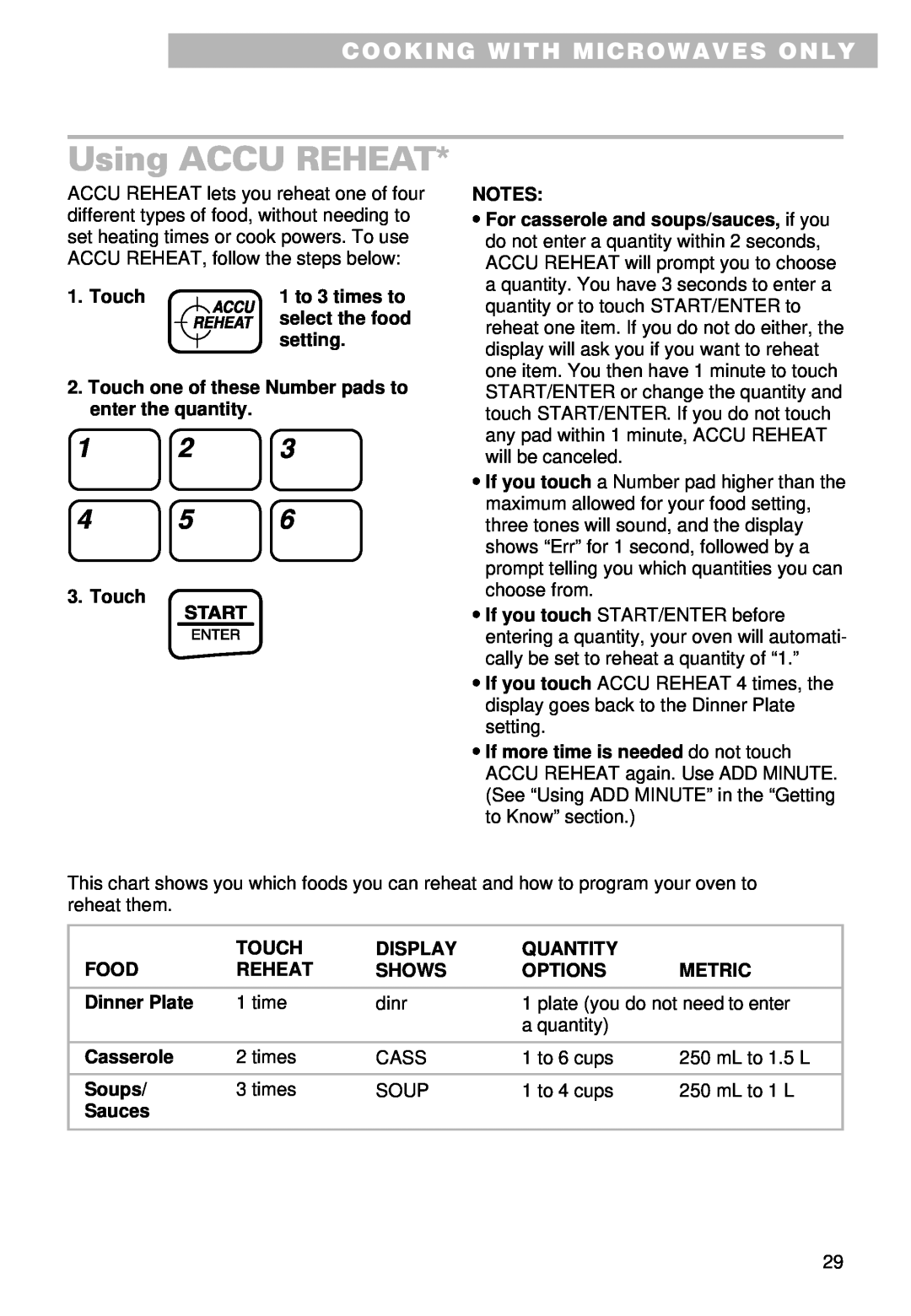 Whirlpool YMT9092SF, YMT9102SF installation instructions Using ACCU REHEAT, Cooking With Microwaves Only 