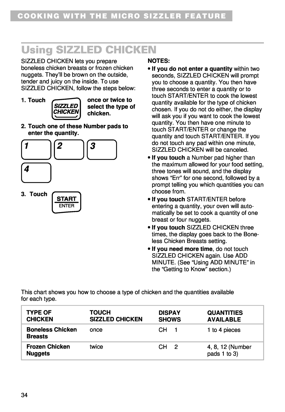 Whirlpool YMT9102SF, YMT9092SF installation instructions Using SIZZLED CHICKEN, Cooking With The Micro Sizzler Feature 