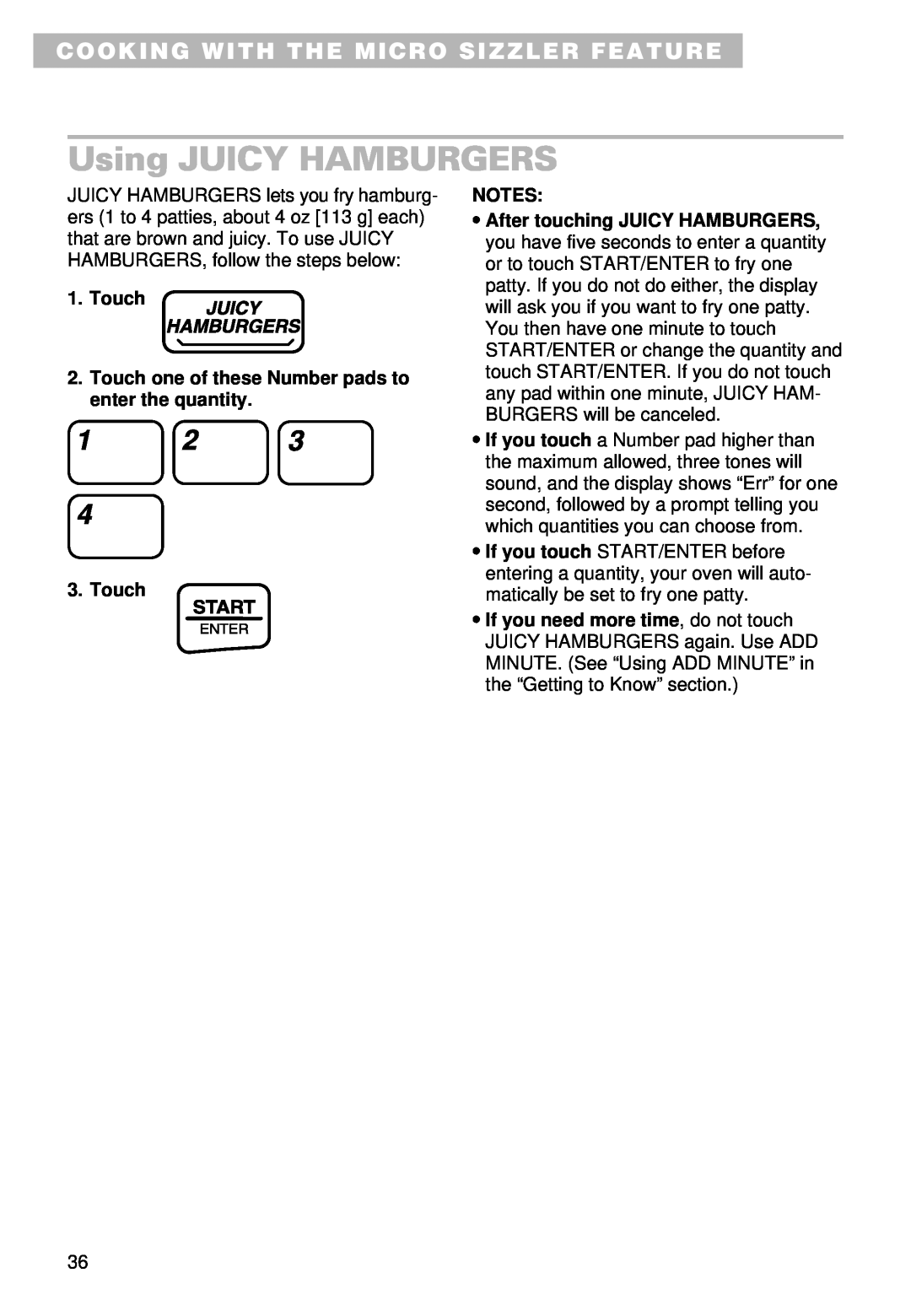 Whirlpool YMT9102SF, YMT9092SF installation instructions Using JUICY HAMBURGERS, Cooking With The Micro Sizzler Feature 