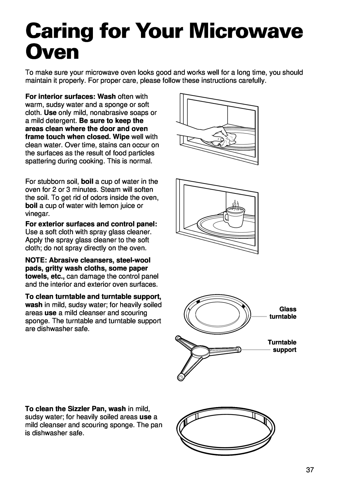 Whirlpool YMT9102SF, YMT9092SF installation instructions Caring for Your Microwave Oven, Glass turntable Turntable support 