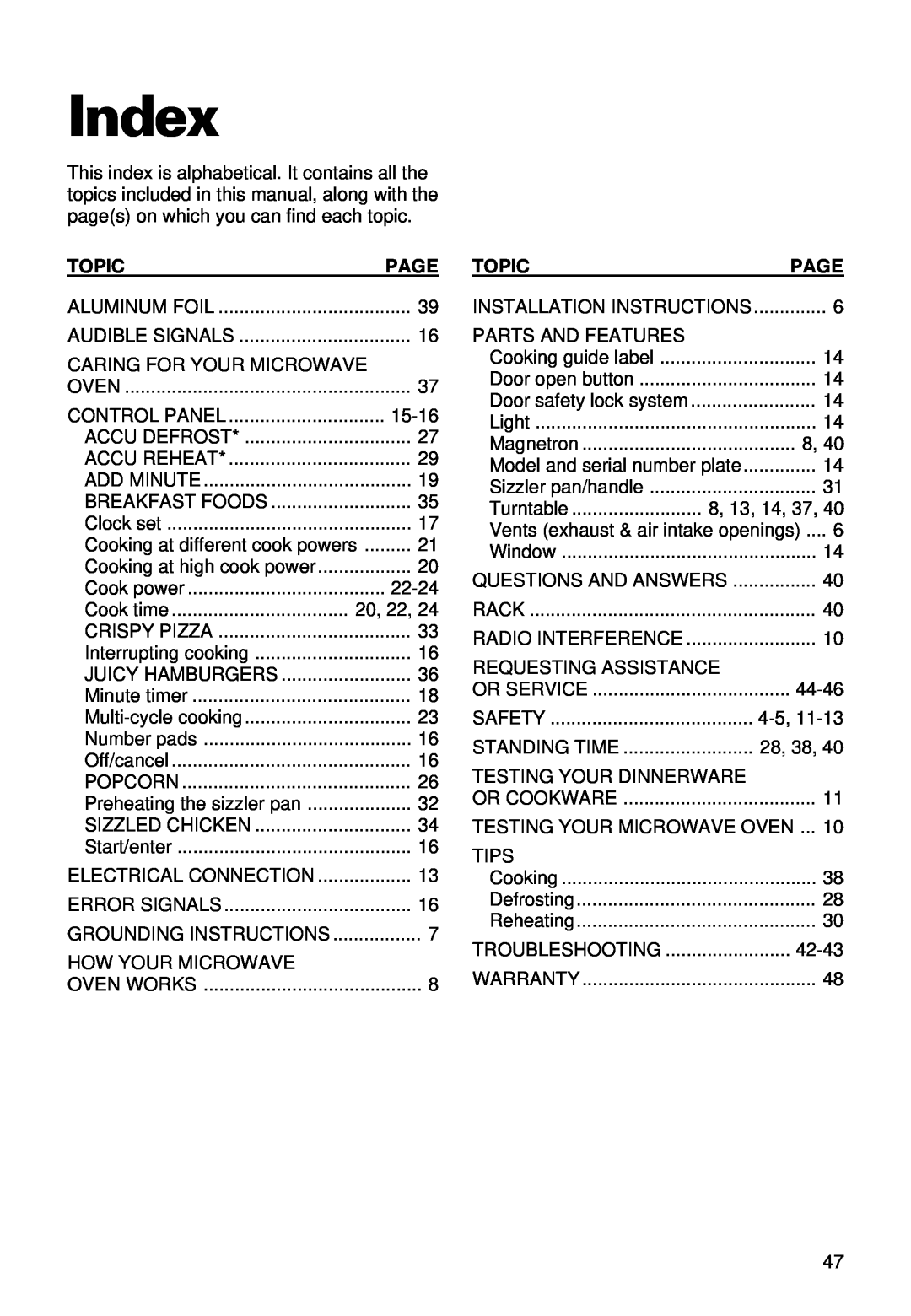 Whirlpool YMT9092SF, YMT9102SF installation instructions Index 