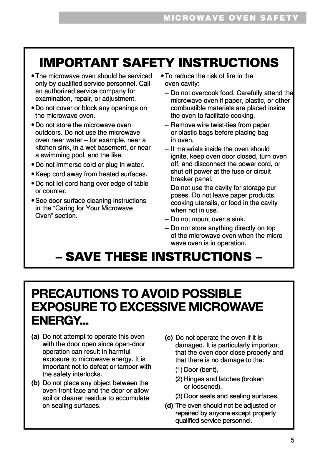 Whirlpool YMT9092SF, MT9102SF Precautions To Avoid Possible Exposure To Excessive Microwave Energy, Microwave Oven Safety 
