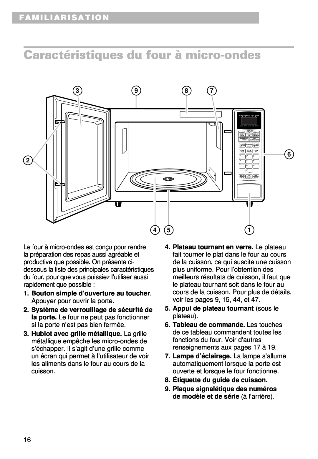 Whirlpool YMT9102SF, YMT9092SF installation instructions Caractéristiques du four à micro-ondes, Familiarisation 