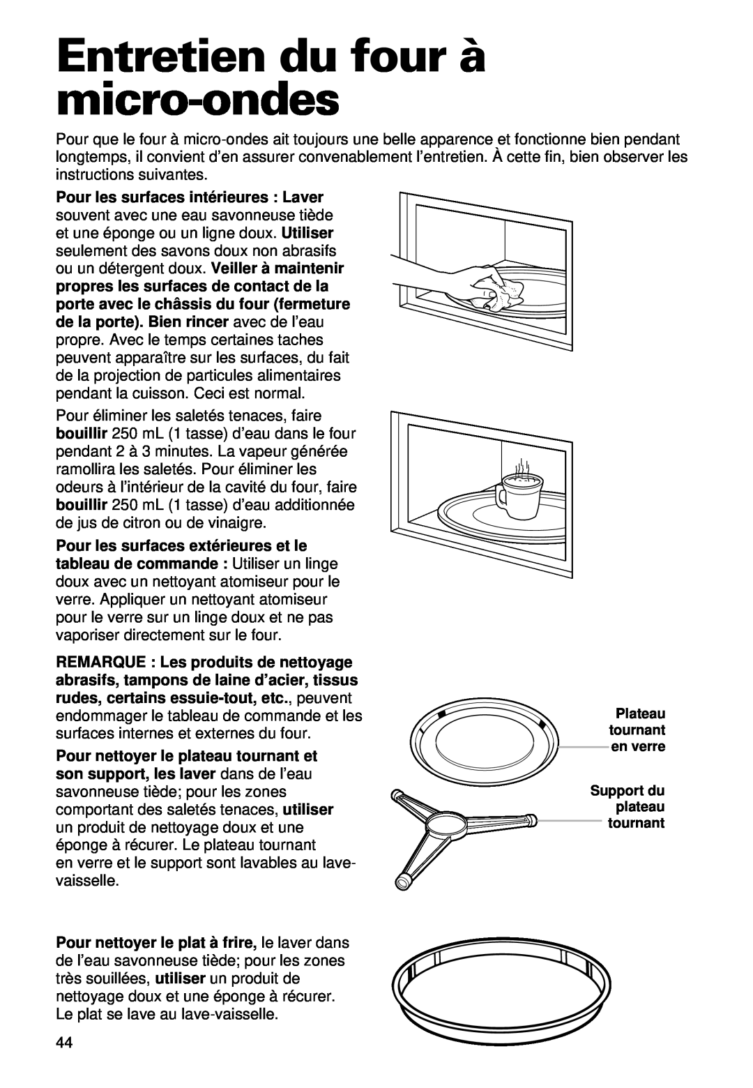 Whirlpool YMT9092SF, YMT9102SF installation instructions Entretien du four à micro-ondes 
