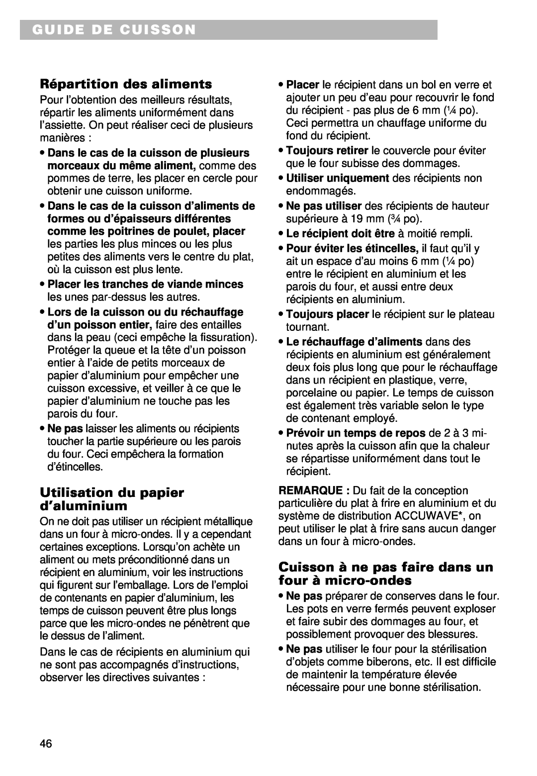 Whirlpool YMT9102SF, YMT9092SF Guide De Cuisson, Répartition des aliments, Utilisation du papier d’aluminium 