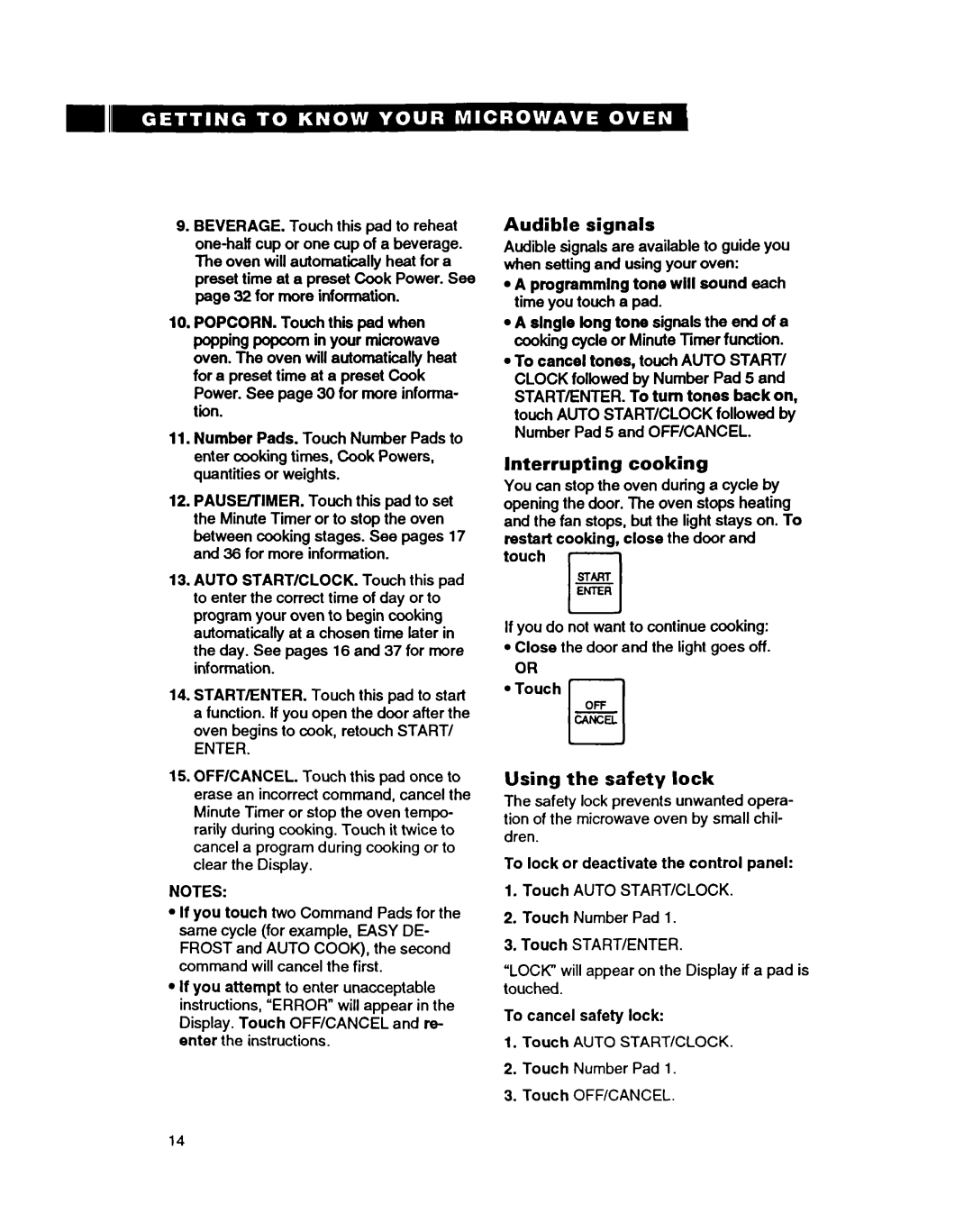 Whirlpool MT9160XBB warranty Audible signals, Interrupting cooking, Using the safety lock 