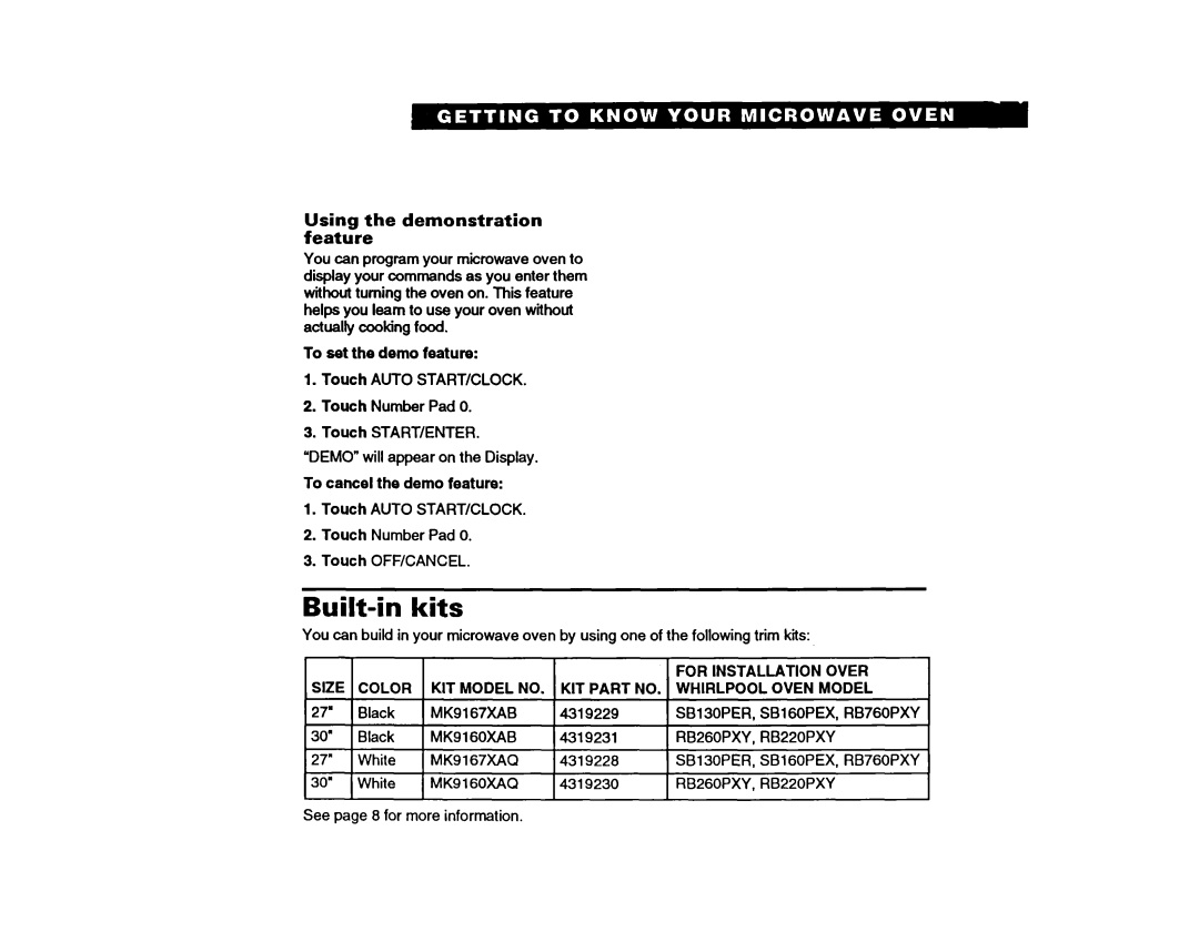 Whirlpool MT9160XBB Built-in kits, Using the demonstration feature, To set the demo feature, To cancel the demo feature 