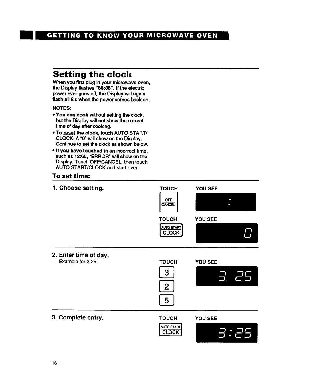 Whirlpool MT9160XBB warranty Setting the clock, To set time, Touch YOU see 