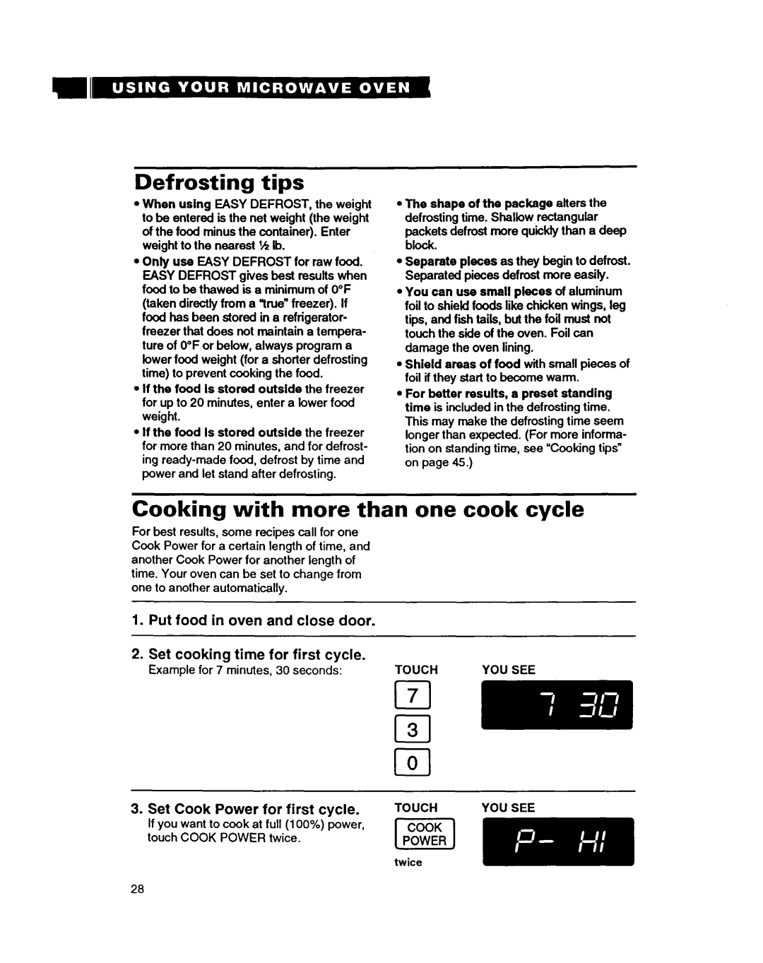 Whirlpool MT9160XBB warranty Rl, Defrosting tips, Cooking with more than one cook cycle 