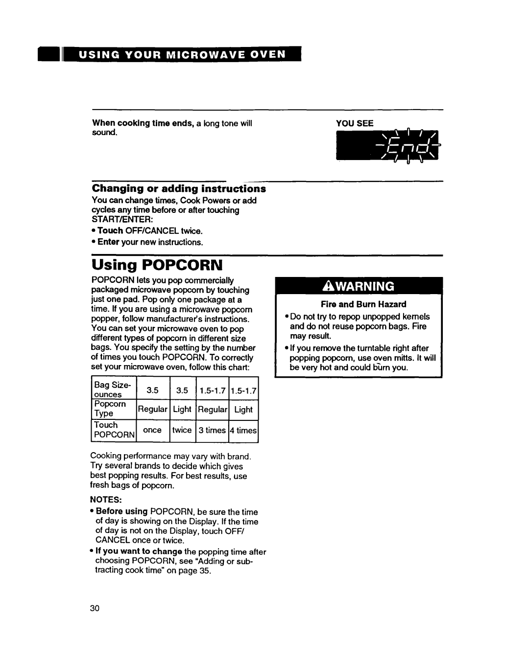 Whirlpool MT9160XBB warranty Using Popcorn, Changing or adding instructions, When cooking time ends, a long tone will 