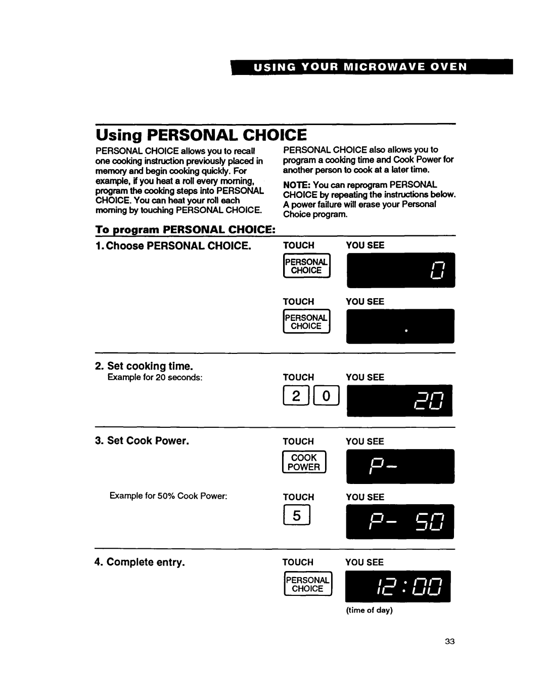 Whirlpool MT9160XBB warranty Cl5, Using Personal Choice 