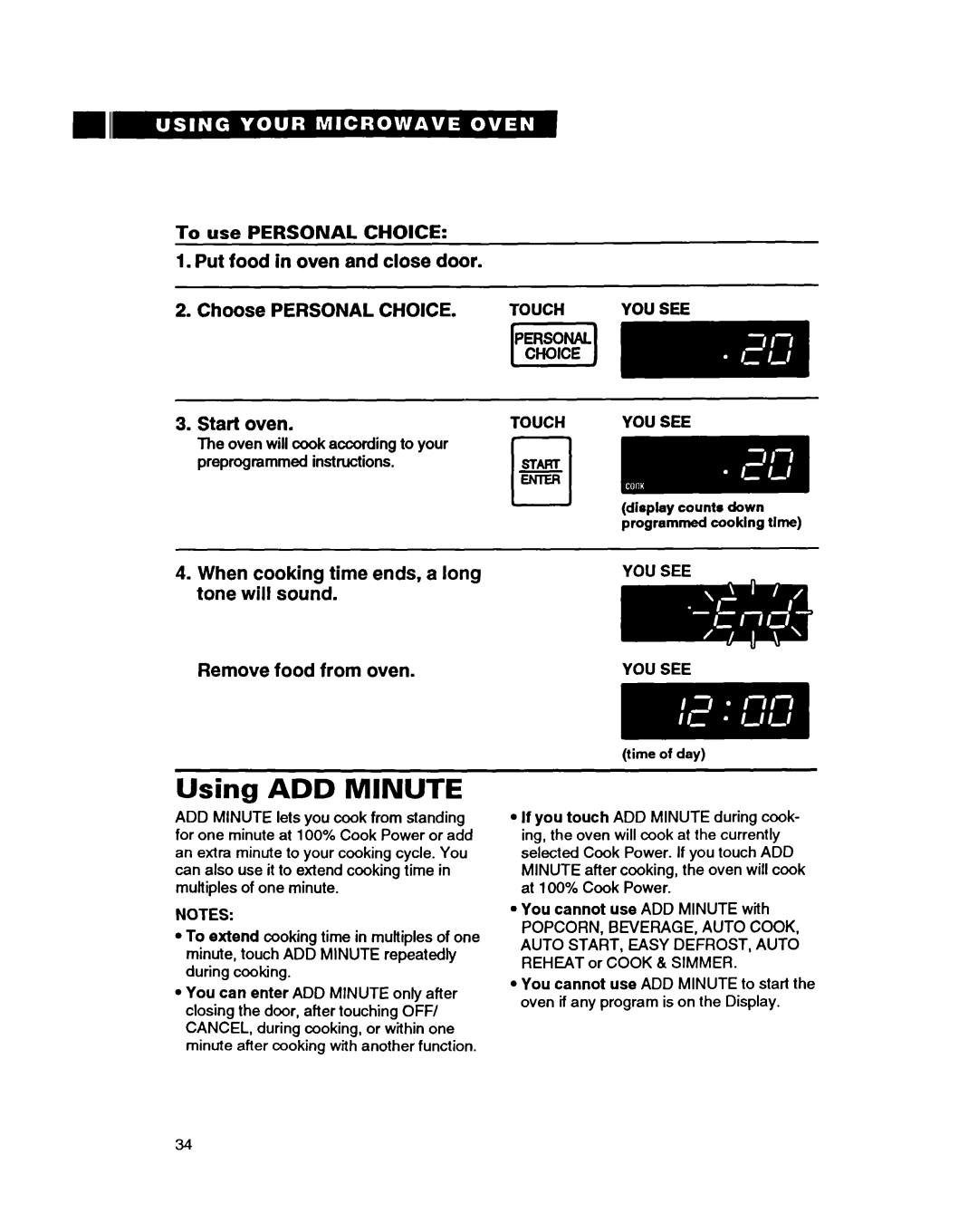 Whirlpool MT9160XBB warranty Using ADD Minute 