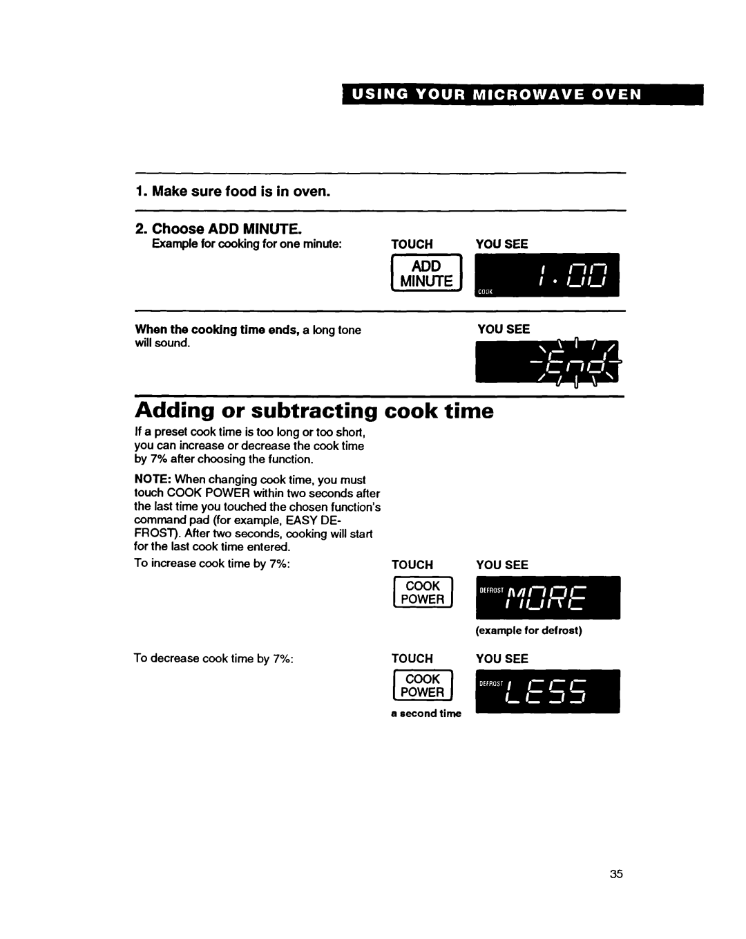 Whirlpool MT9160XBB warranty Adding Subtracting Cook Time, Choose 