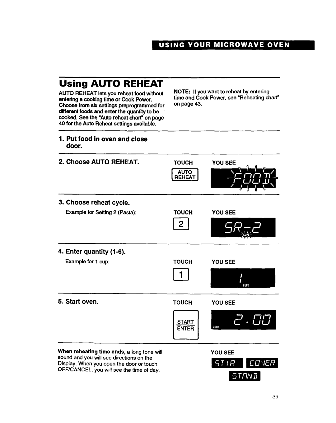 Whirlpool MT9160XBB warranty Using Auto Reheat, Start, RlENTER When reheating time ends, a long tone will 