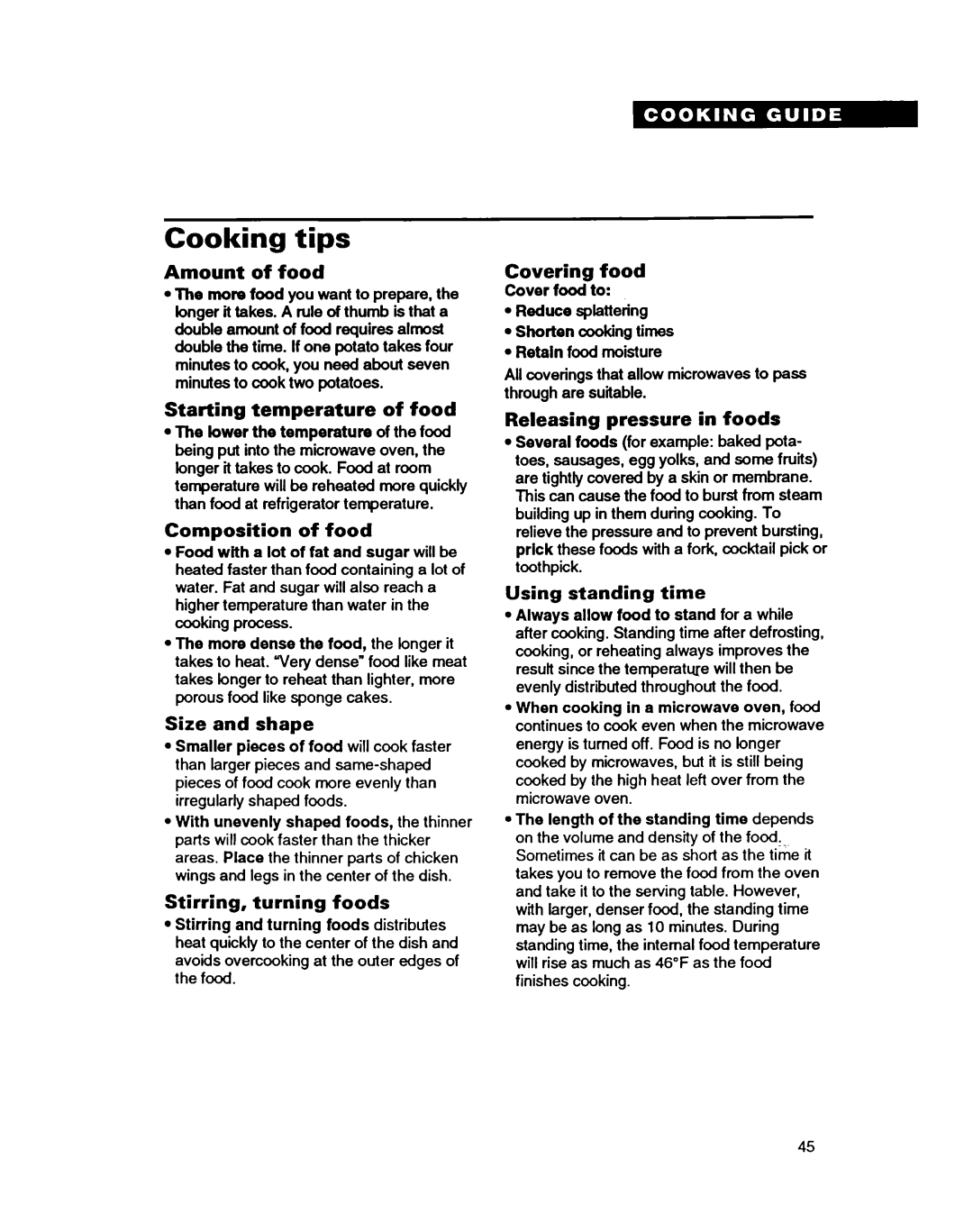 Whirlpool MT9160XBB warranty Cooking tips 