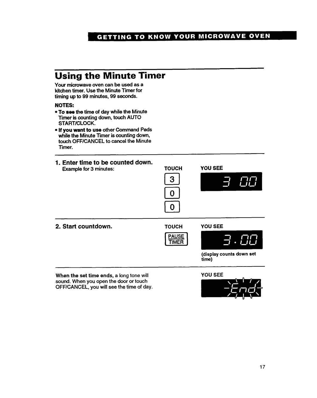 Whirlpool MT9160XBB warranty Using the Minute Timer, Enter time to be counted down, Start countdown 