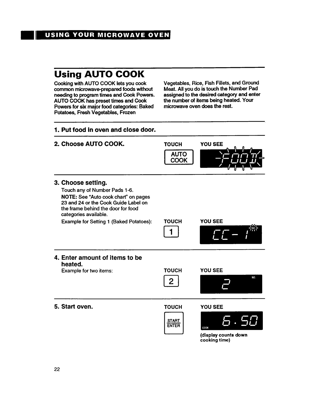 Whirlpool MT9160XBB Using AUTO COOK, Choose AUTO COOK 3.Choose setting, Enter amount of items to be heated, Start oven 