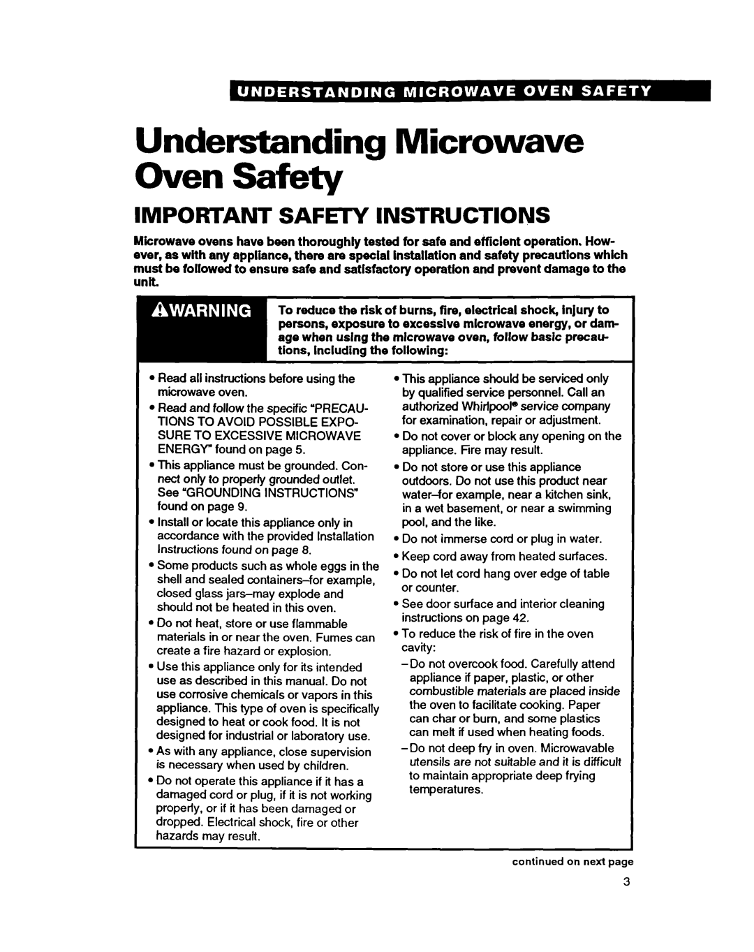 Whirlpool MT9160XBB warranty Understanding Microwave Oven Safety, IMPORTANT SAFEnr lNSTRUCTlONS 