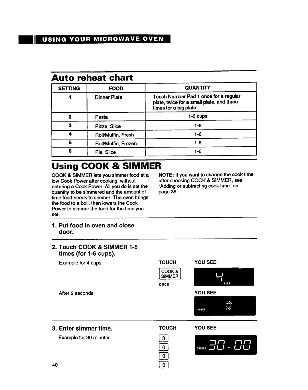 Whirlpool MT9160XBB Auto reheat chart, Using COOK & SIMMER, Touch COOK & SIMMER 1-6times for 1-6cups, Enter, simmer time 
