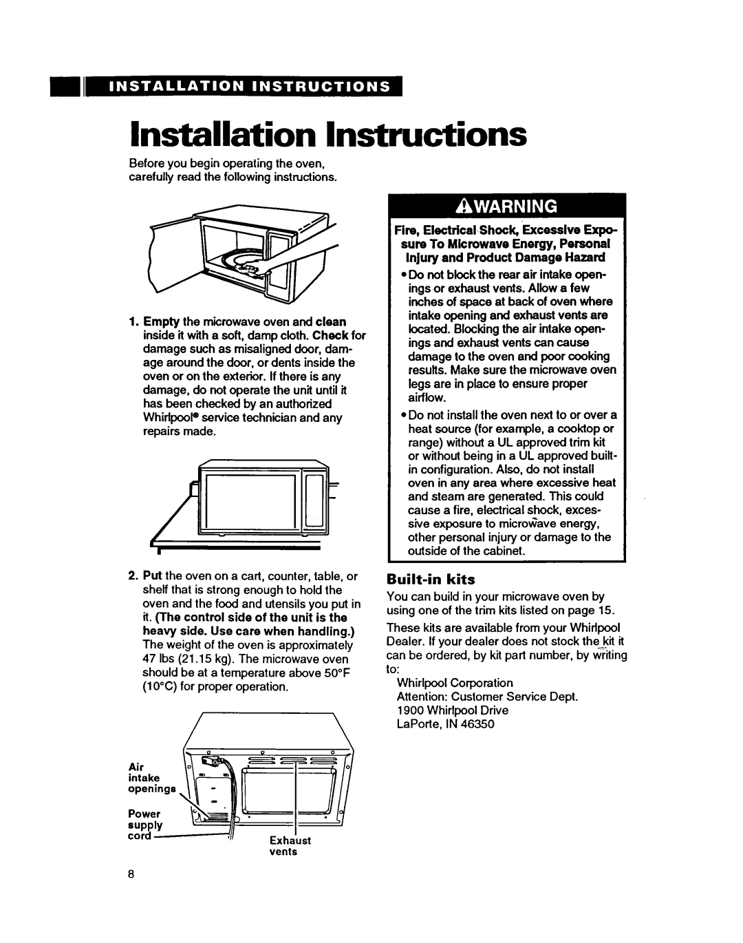 Whirlpool MT9160XBB warranty Installation Instructions, Built-inkits, Fire, Electrical-Shock,~Excesaive Ex~o 