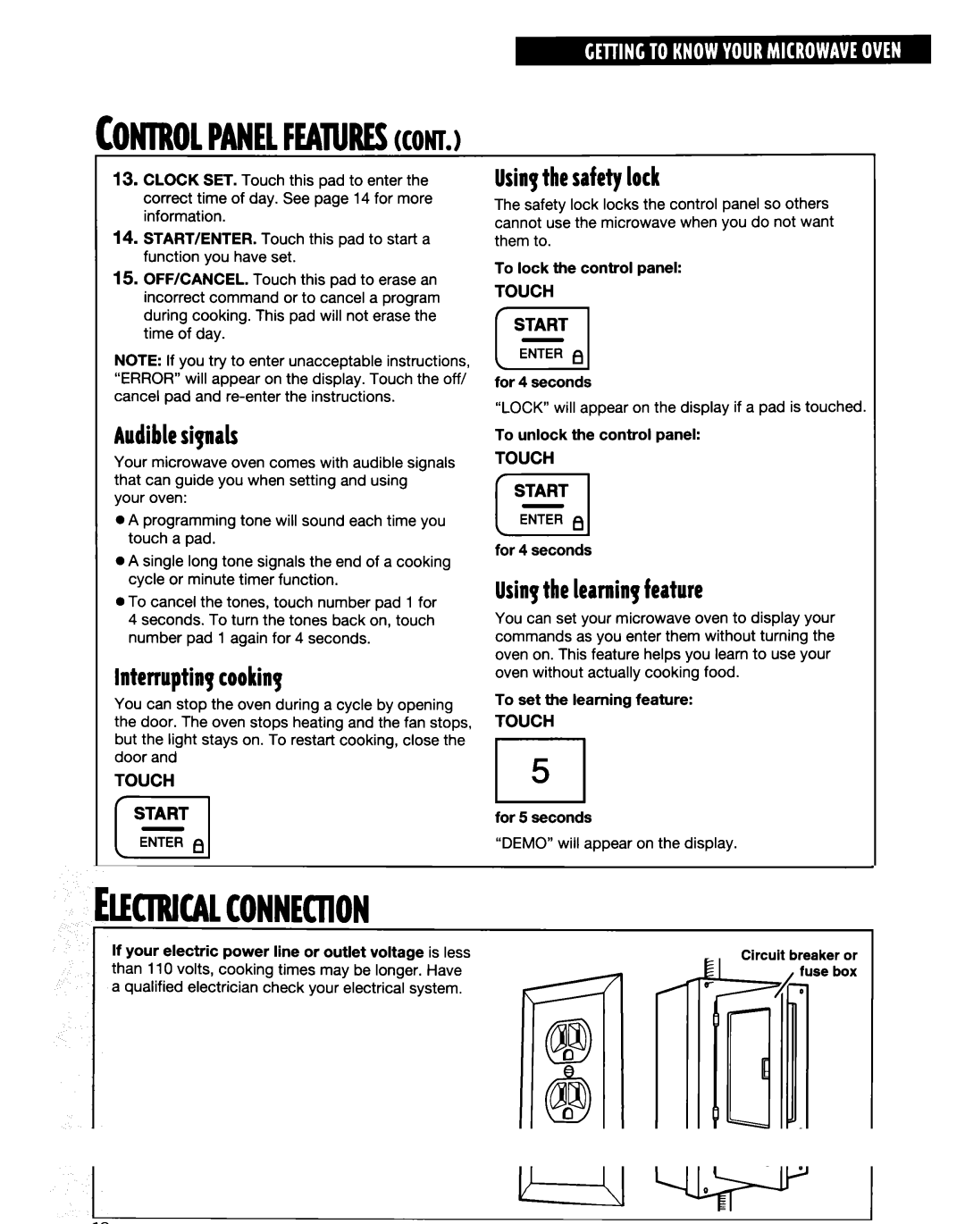 Whirlpool MT6120XE, MT9160XE Audiblesipnab, Lntenupting cooking, Usingthesafetylock, Usinpthe learningfeature 