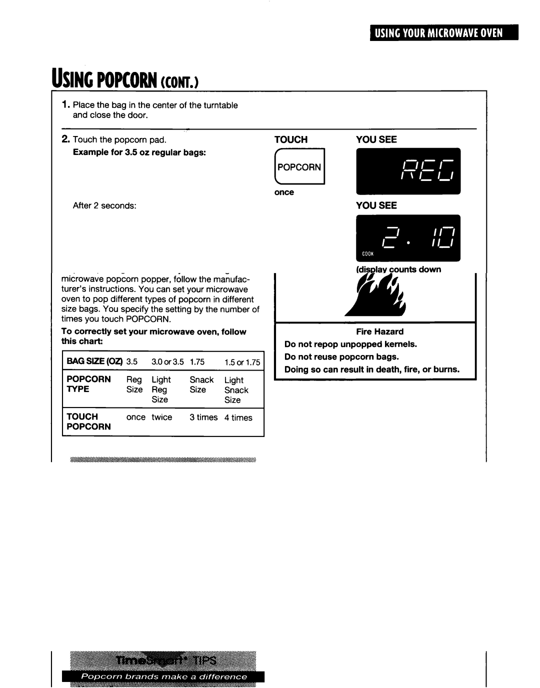 Whirlpool MT6120XE, MT9160XE installation instructions Usingpopcorncont 