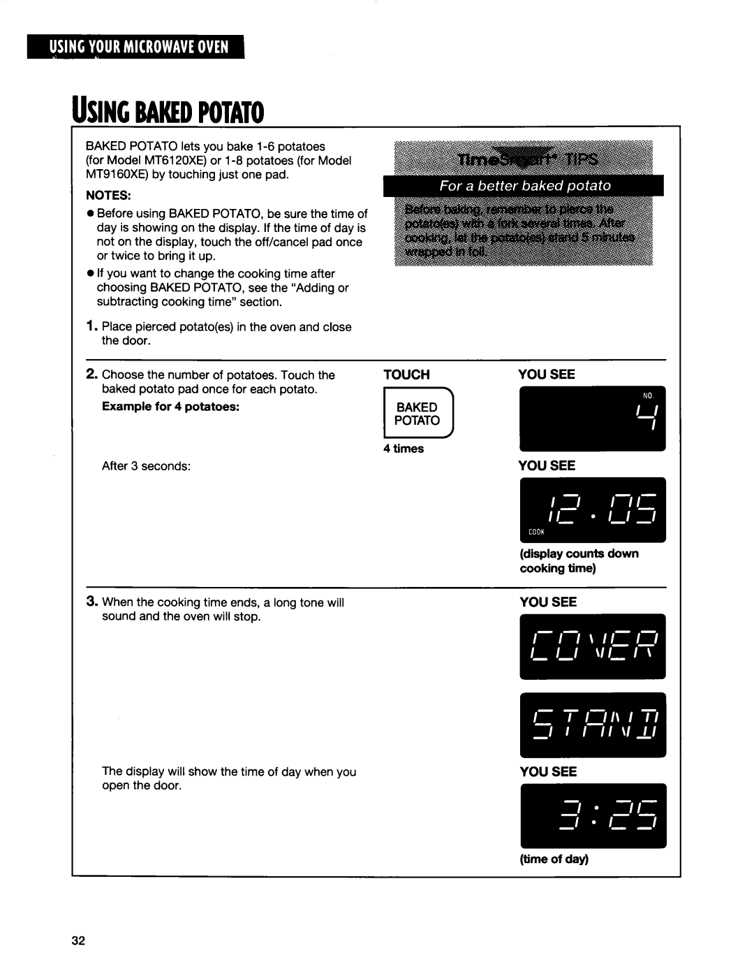 Whirlpool MT9160XE, MT6120XE installation instructions Usingbakedpotato 