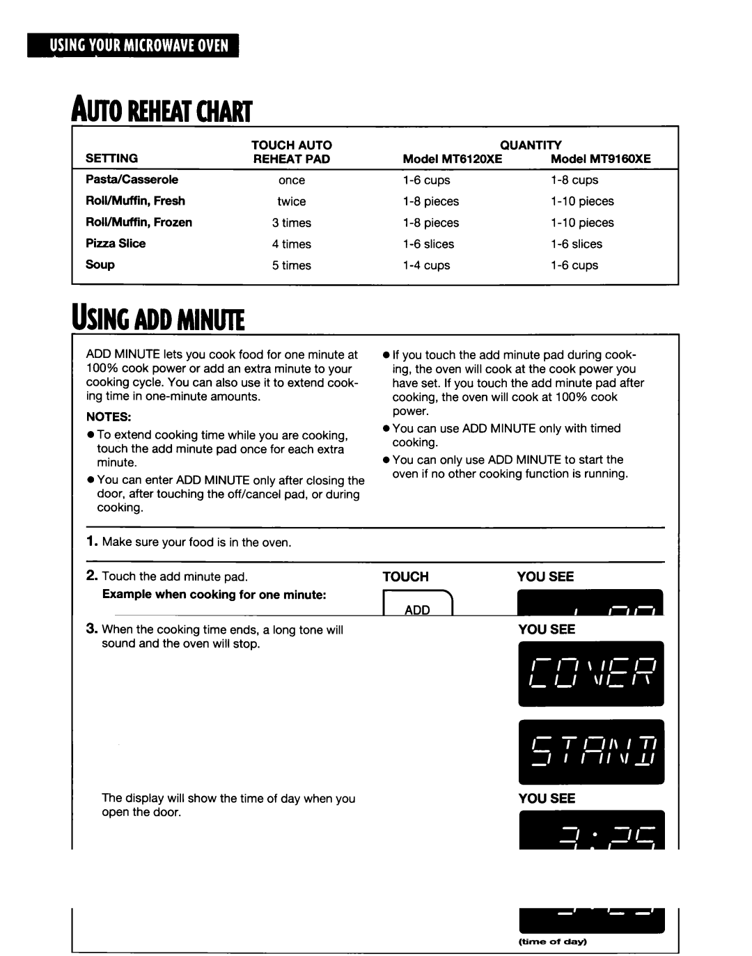 Whirlpool MT9160XE, MT6120XE installation instructions Autoreheatchart, Usingaddminute, Touch Auto Quantity 