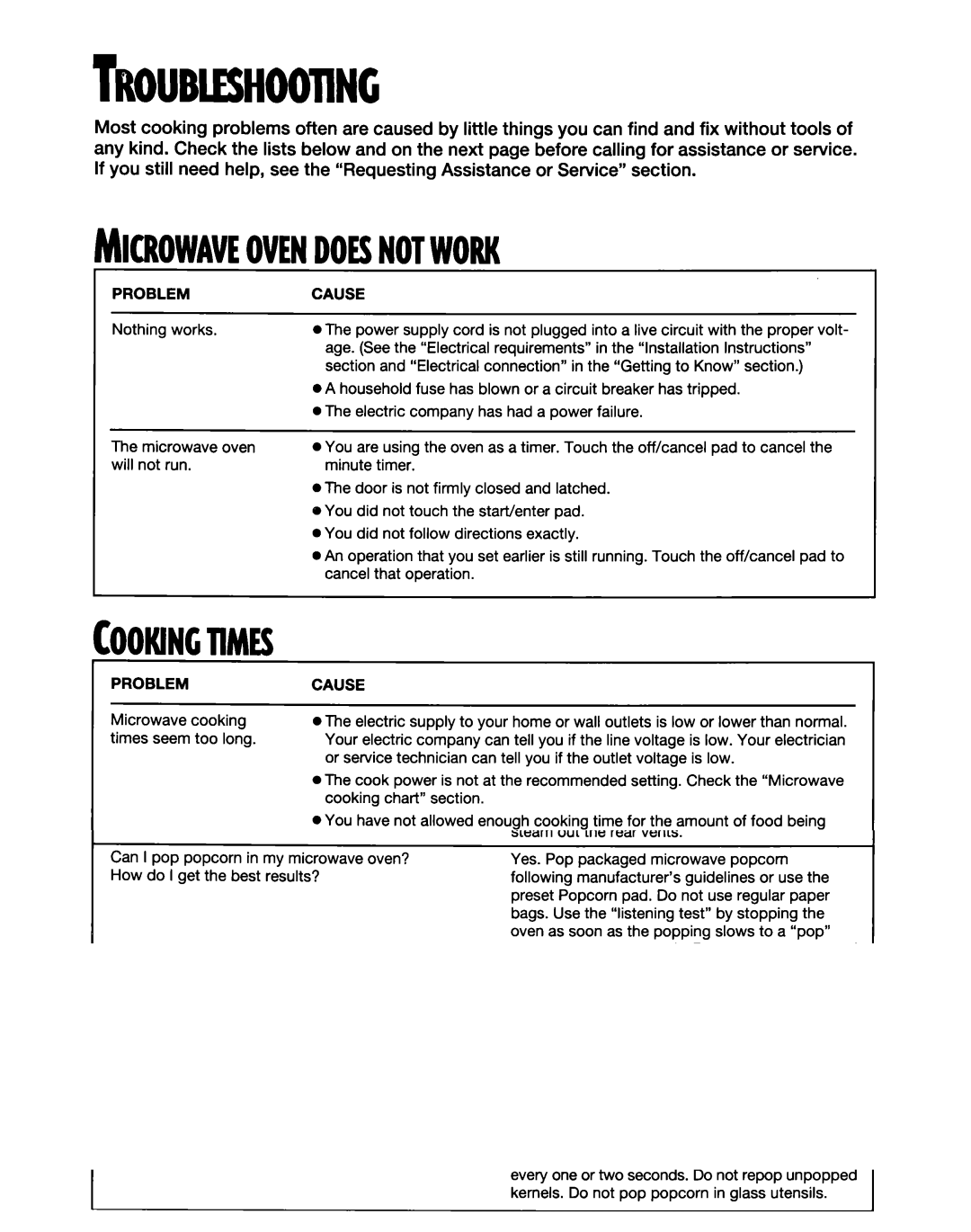 Whirlpool MT9160XE, MT6120XE installation instructions ~~WNEOVEN~0~sNOTWORK, Cookingtimes, Problem Cause 