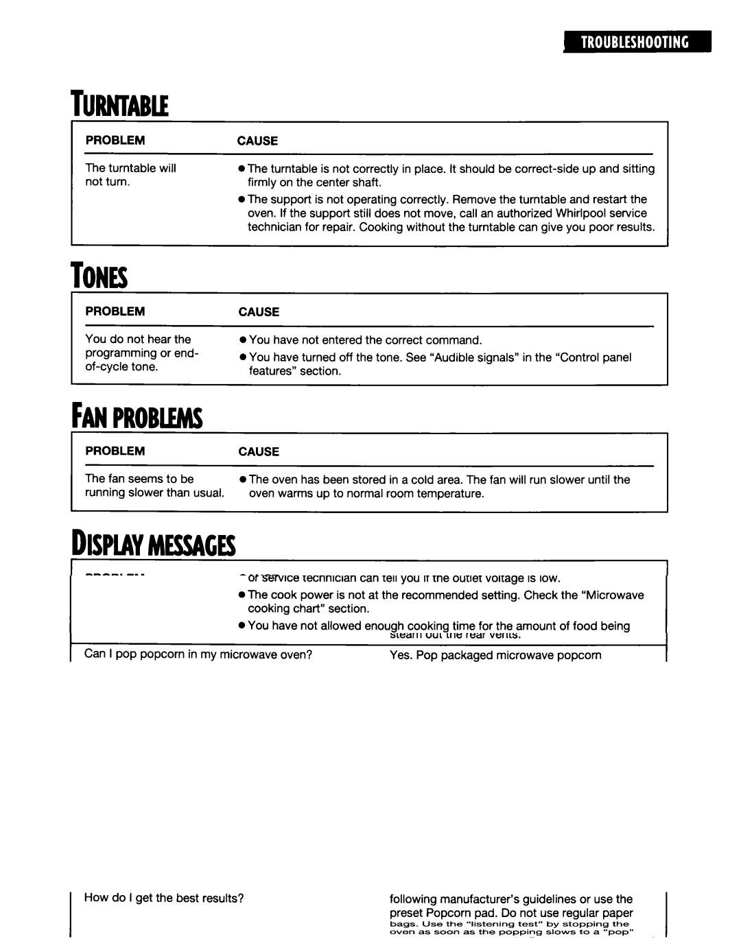 Whirlpool MT6120XE, MT9160XE installation instructions Ones, Fanprobems, Problemcause 