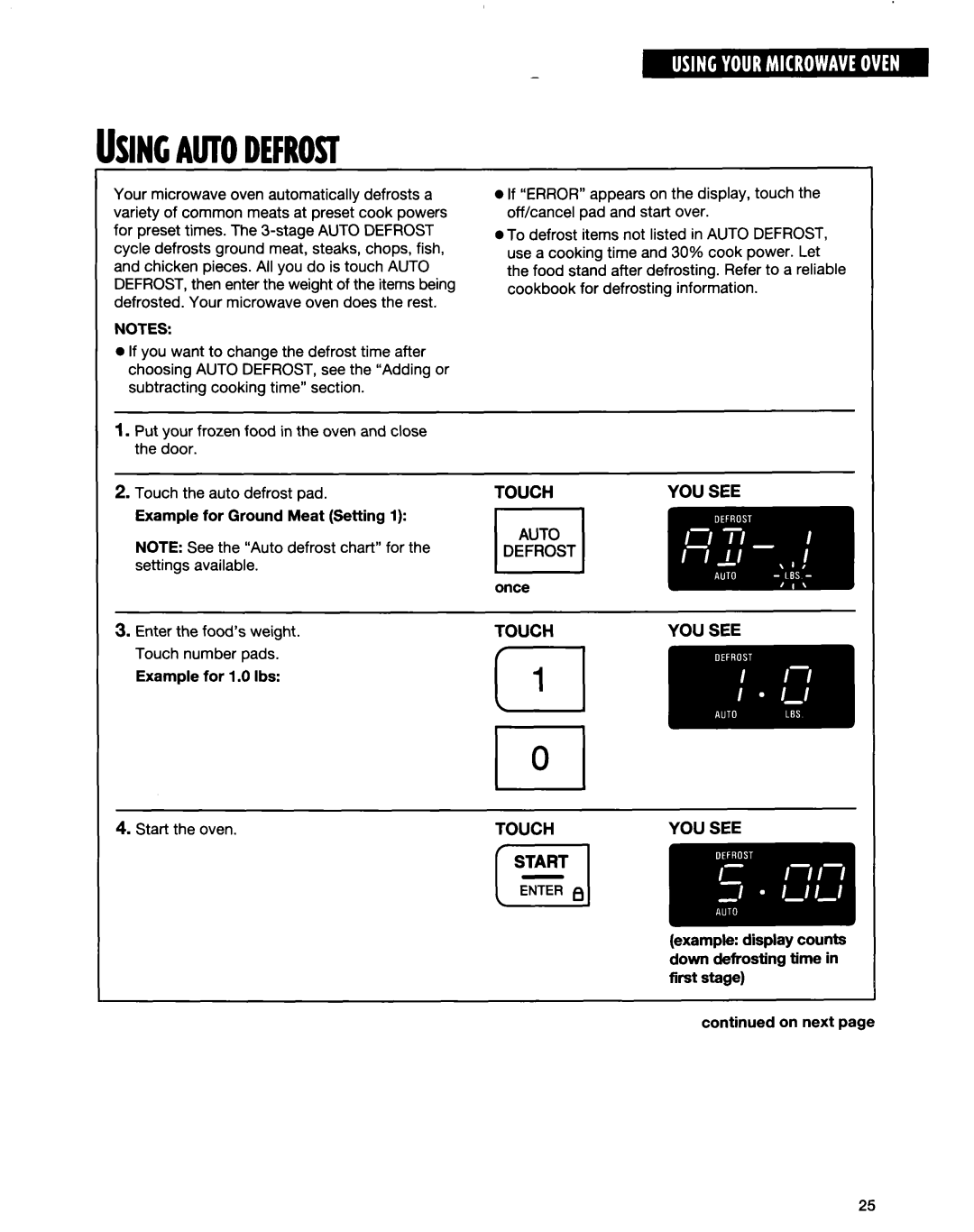 Whirlpool MT6120XE, MT9160XE installation instructions Usingautodefrost, START fI, Touch, You See 