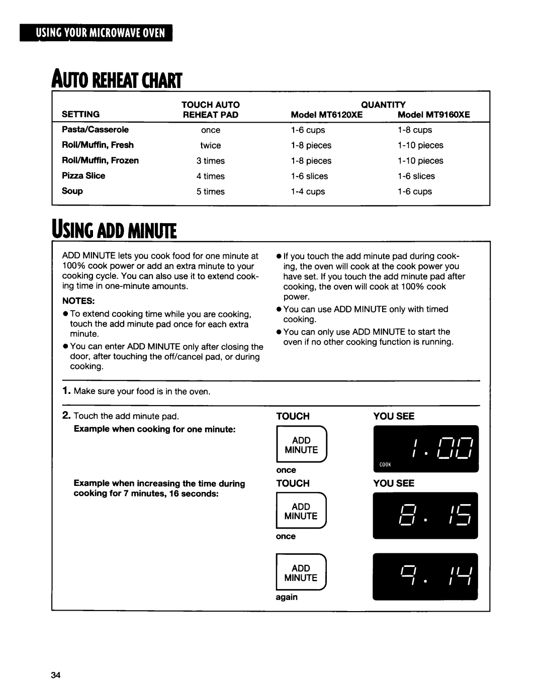 Whirlpool MT9160XE, MT6120XE installation instructions Autoreheatchart, Usingaddminute, Touch, You See 