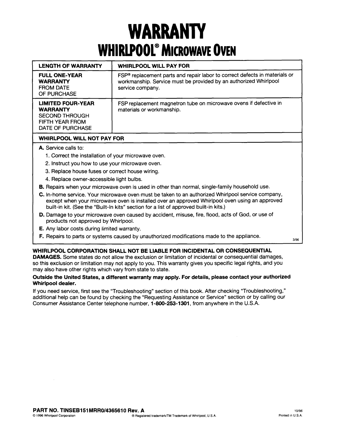Whirlpool MT9160XE, MT6120XE installation instructions Warranty, Whirpool”Microwaveoven 