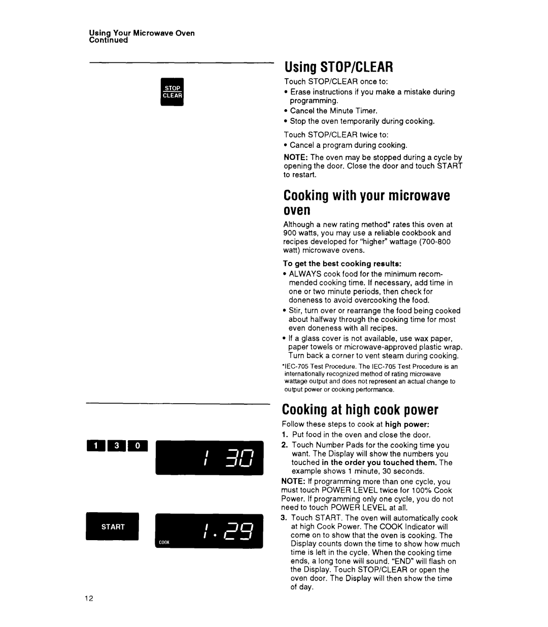 Whirlpool MT9160XY manual Using STOP/CLEAR, Cooking with your microwave oven, Cooking at high cook power 