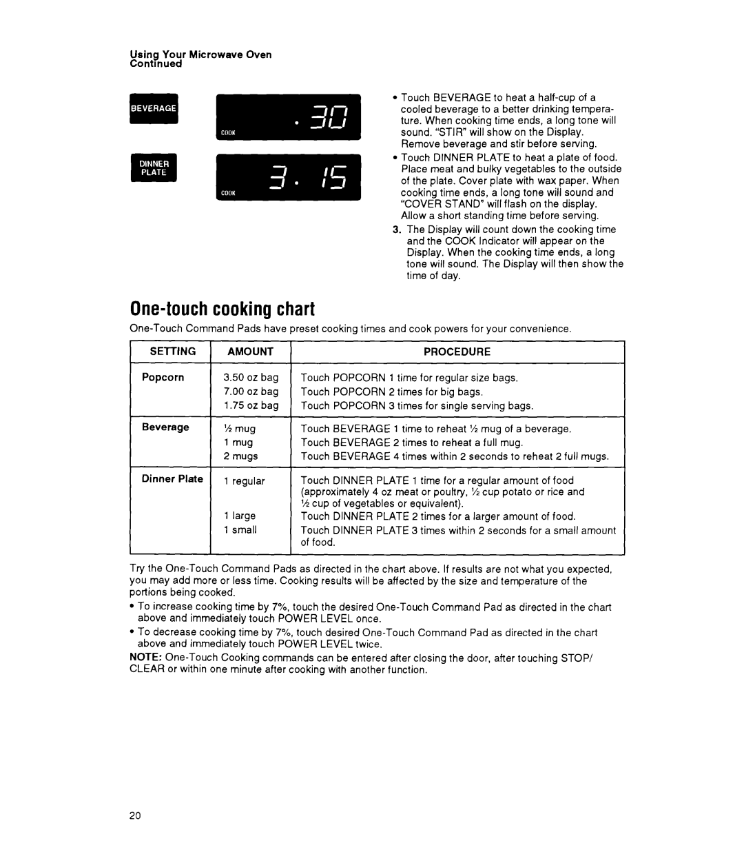 Whirlpool MT9160XY One-touch cooking chart, Setting Amount, Popcorn, Beverage Mug Mugs Dinner Plate Regular Large Small 