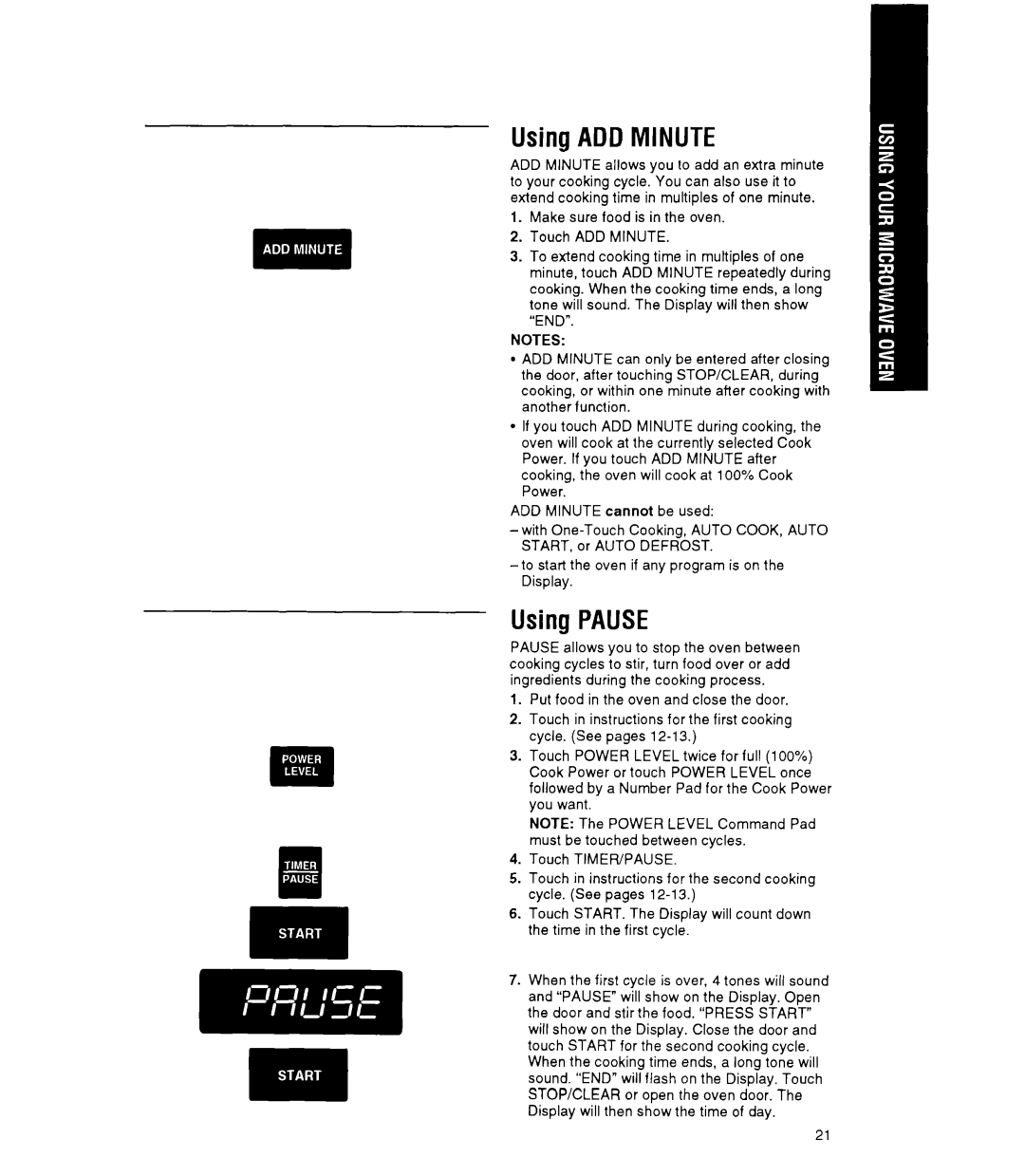 Whirlpool MT9160XY manual Using ADD Minute, Using Pause 