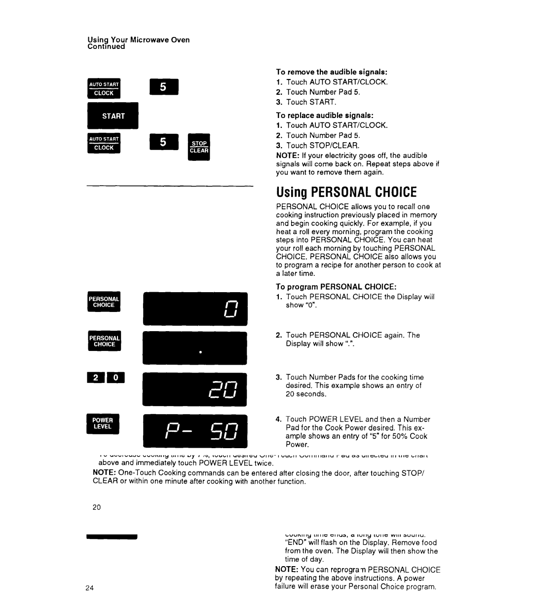 Whirlpool MT9160XY manual Using Personalchoice, To use Personal Choice 1s Touch Personal Choice 