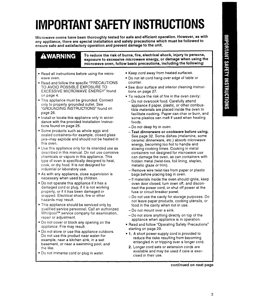 Whirlpool MT9160XY manual Importantsafetyinstructions, Read and follow Operating Safety Precautions starting on 