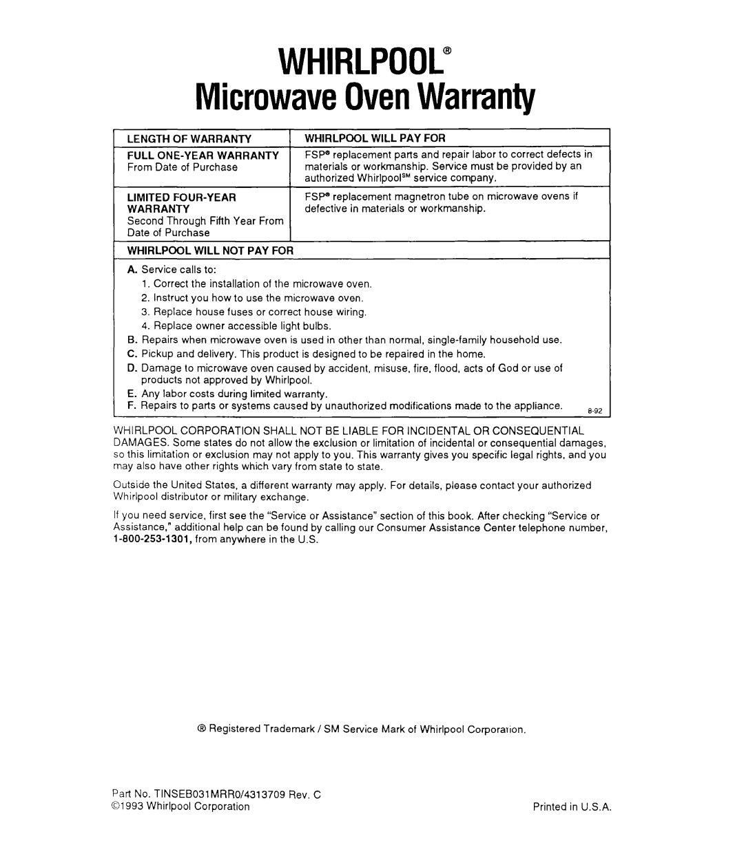 Whirlpool MT9160XY manual MicrowaveOvenWarranty 