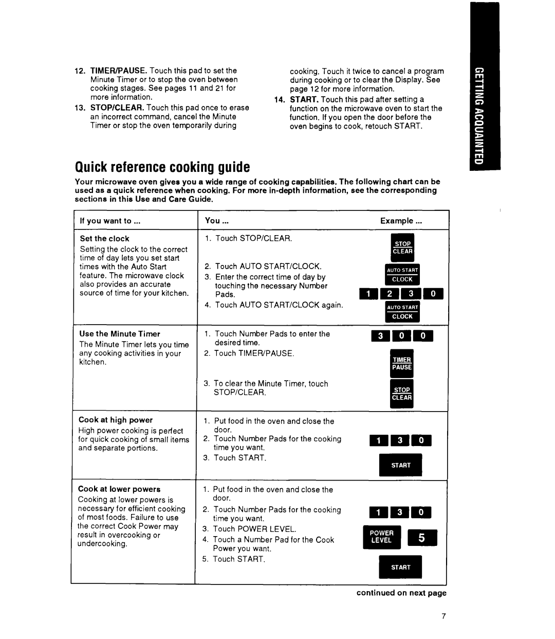 Whirlpool MT9160XY manual Quick reference cooking guide, Stop/Clear 