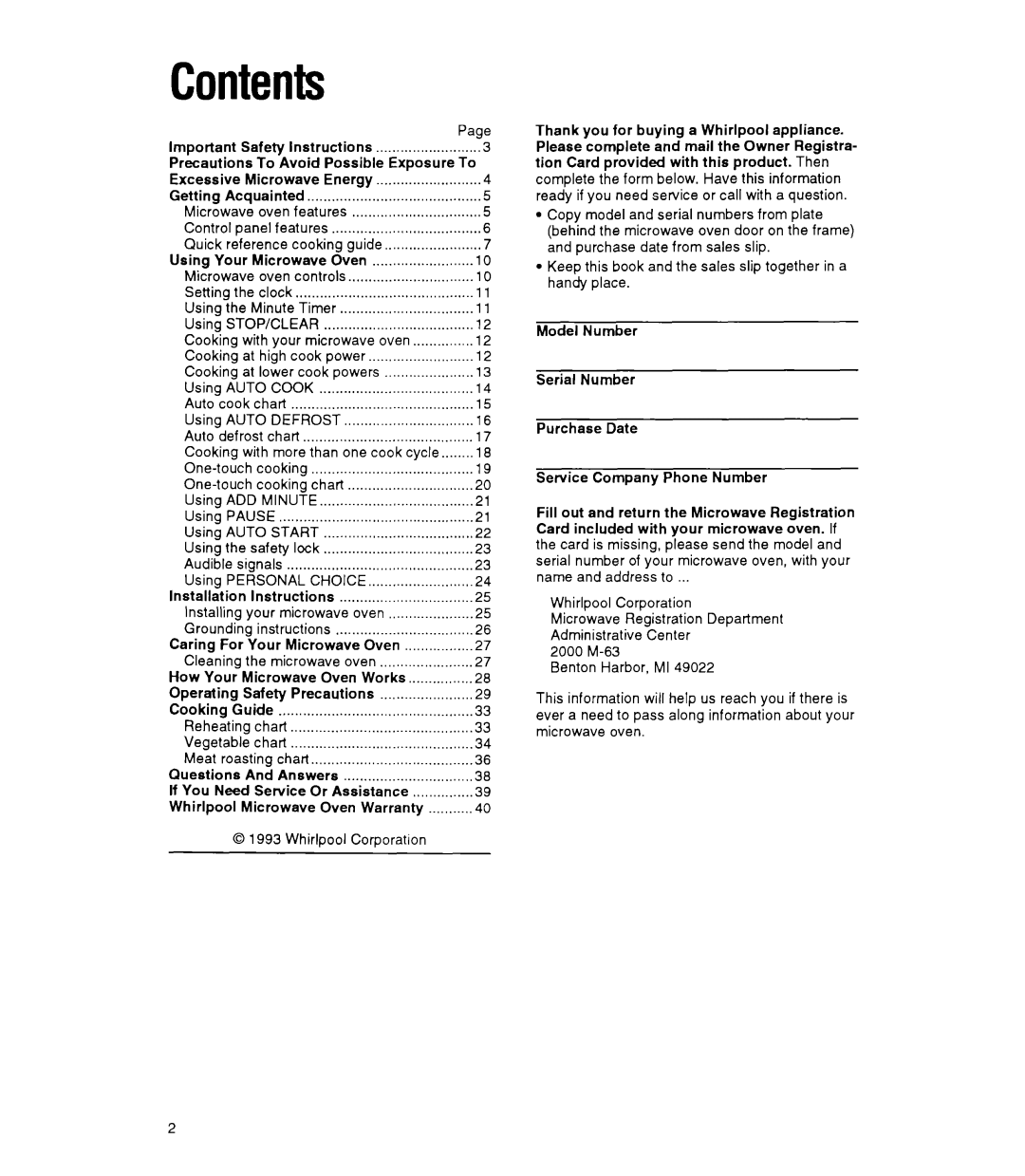 Whirlpool MT9160XY manual Contents 