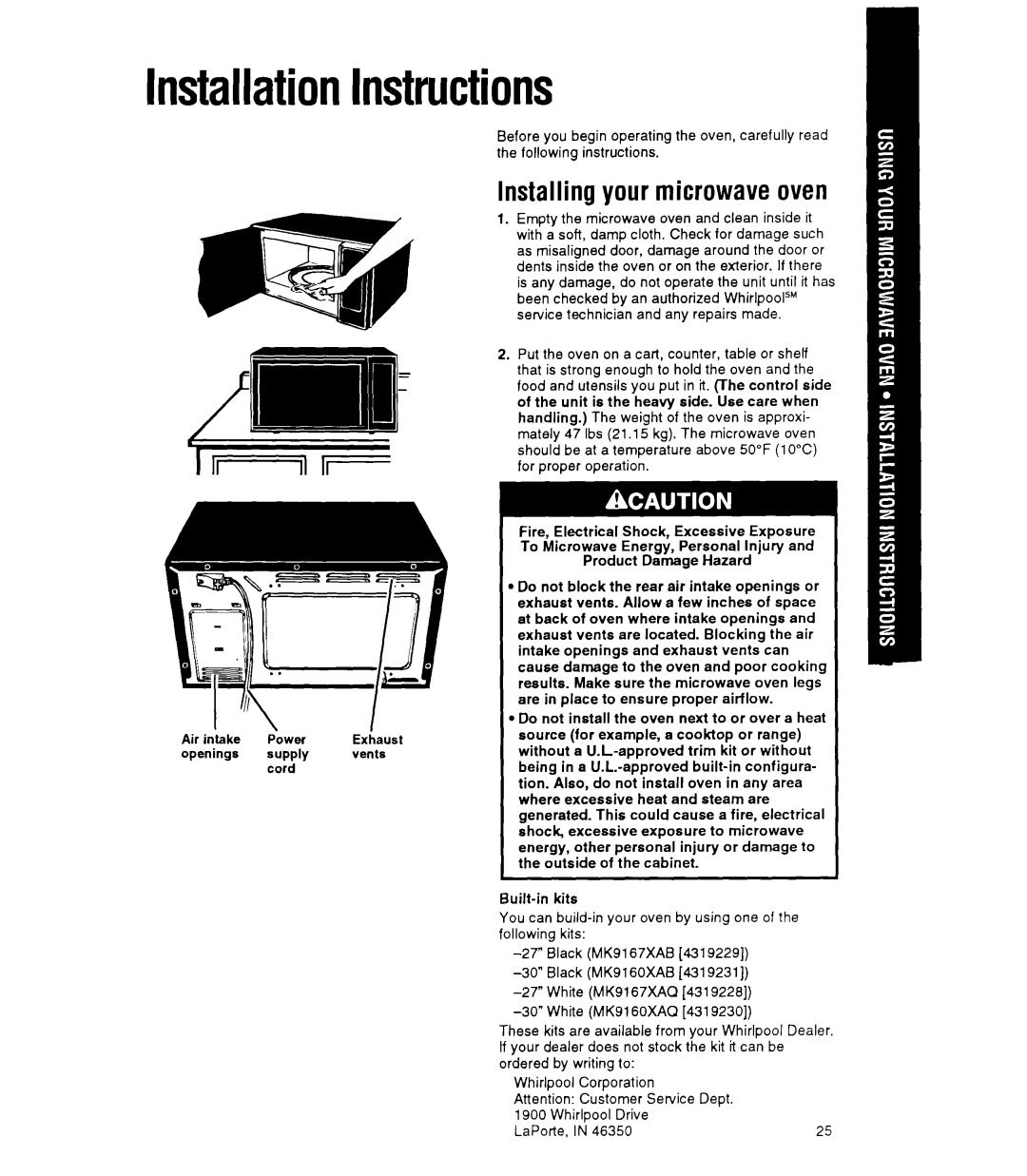 Whirlpool MT9160XY manual InstallationInstructions, Installing your microwave oven 