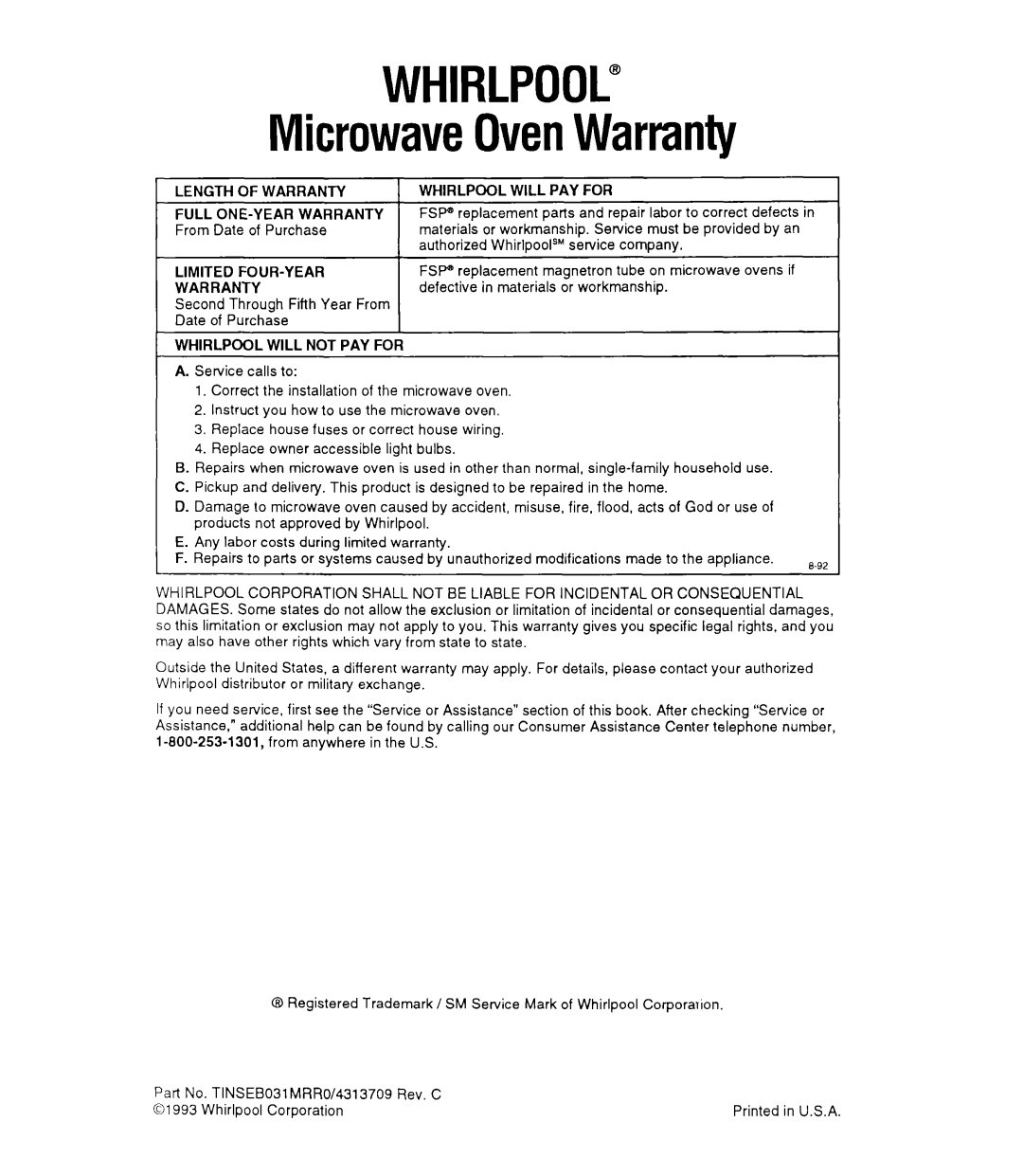 Whirlpool MT9160XY manual WHIRLPOOL” MicrowaveOvenWarranty 