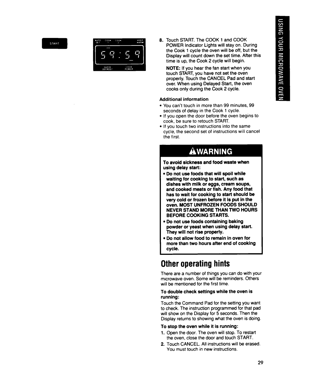 Whirlpool MTZ080XY user manual Other operating hints, To stop the oven while it is running 