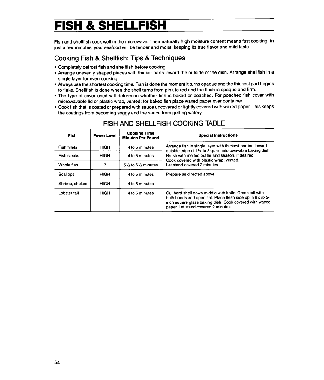 Whirlpool MTZ080XY user manual Cooking Fish & Shellfish Tips & Techniques, Fish and Shellfish Cooking Table 